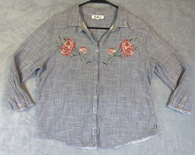 Camisa William Rast para mujer azul claro con cuello a presión bordado de flores talla XL Foto 1 de 4