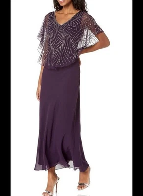 Vestido formal JKARA para mujer 20W Plus de gasa con cuentas línea A manga 3/4 Foto 1 de 4