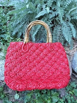 Bolso de mano vintage de rafia roja, asas de bambú, hecho en Japón, mediados de siglo verano PU Foto 1 de 4