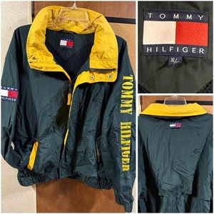 90’s TOMMY HILFIGER Green ColorblockJacket Logo XL Sleeve Spellout Flag Nylon - Picture 1 of 21