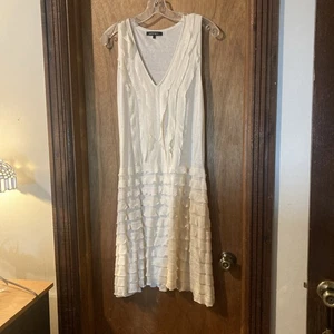 Vestido Nanette Lepore Crema Seda Lino Mezcla Volantes Tejido Talla L Dsm - Imagen 1 de 7