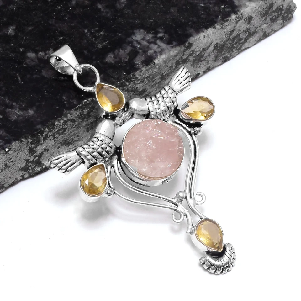 Raw Rose Quartz Citrine Ethnic Handmade  Gift Pendant Jewelry 2.72" P-539 - Изображение 1 из 1