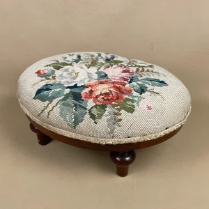 Antique Oval Stool Woven Wood Cottage Furniture Vintage Floral Embroidered Top - Picture 1 of 10