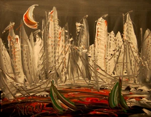 CITYSCAPE IMPRESSIONIST RED ORIGINAL OIL PAINTING uoyE - Picture 1 of 4