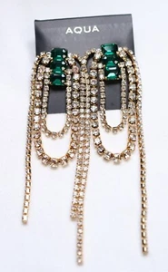 Aqua Gold Tone Emerald Green & Clear Crystal Post Drop Earrings $50 New - Picture 1 of 3