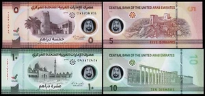 UAE United Arab Emirates 2 Pcs Polymer Set, 5 10 Dirhams 2022 2023, UNC, P-36 37 - Picture 1 of 5