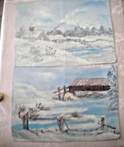 2 unsignierte Aquarelle Gemälde Schneeszenen Haus & Scheune weiche Blautöne Box03 - Bild 1 von 4