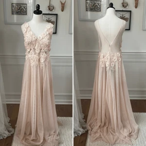 B Smart Nude Blush Formal Prom Gown Illusion Waist Back Tulle Cut Out Flower $20 - Picture 1 of 7