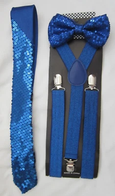 Esmoquin Azul Lentejuelas Pajarita, Azul Brillo Y-Back Tirantes, y Corbata Lentejuelas Azul-2 Foto 1 de 2
