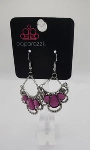 Earrings Pierced Wires Silvertone Dangle Rhinestones Clear Purple Paparazzi 2" - Picture 1 of 10