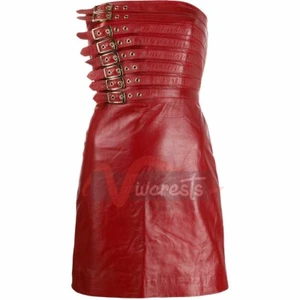 Womens Pure Leather Red Dress Gown Coat Sleeve Less Top Club Jacket Zipper Dress - Picture 1 of 3