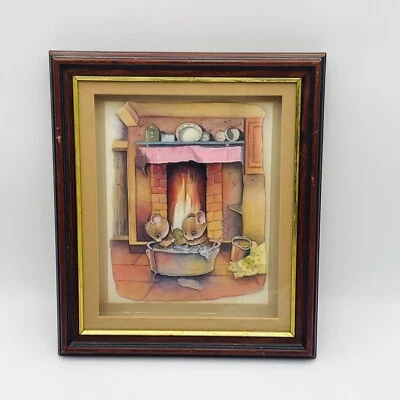 Vintage 3D Layered Art Mouse Mice In A Bubble Bath By Fireplace Shadowbox Whimsy - Image 1 of 4