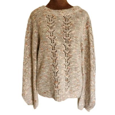 Willow & Clay Sweater Beige Marled Fuzzy Ribbon Coquette Relaxed Wool Mohair XS - Image 1 of 4