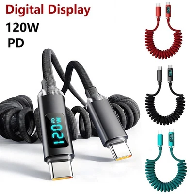 PD 120W USB Type-C to Type-C Spring Coiled Data Charging Cable Digital Display - Image 1 of 4