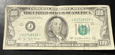 1977 - $100 One Hundred Dollar Bill - Small Head - Star Note - J 03718925 * - Image 1 of 2