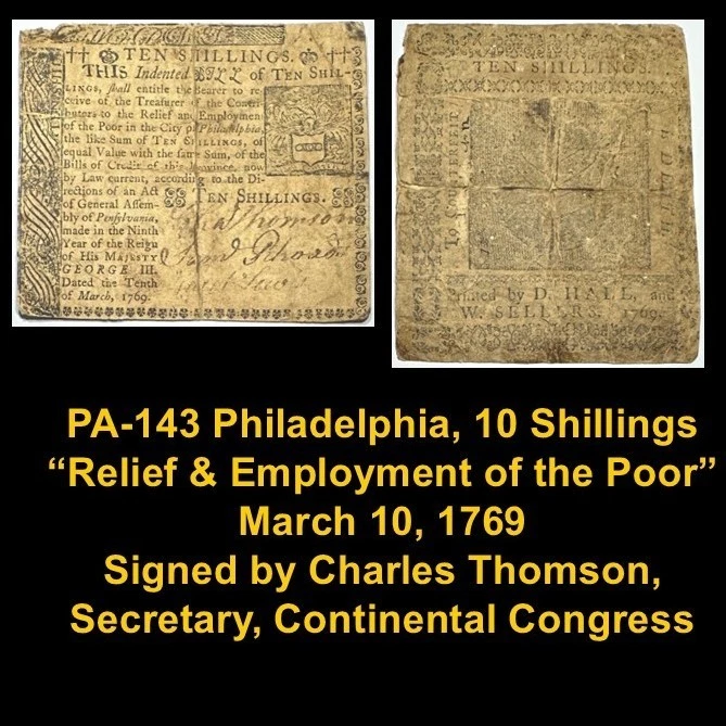 PA-143 Ten Shillings Philadelphia, Signed  Charles Thomson, Continental Congress - Image 1 of 3