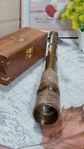 ANTIQUE BRASS TELESCOPE MARINE NAUTICAL SPYGLASS VINTAGE SCOPE WITH WOODEN BOX - Picture 1 of 17