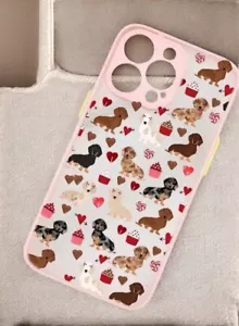 iPhone 16 XR 14 15 11 12 Plus Pro Cover Case Sausage Dog Pink Heart Dachshund - Picture 1 of 1