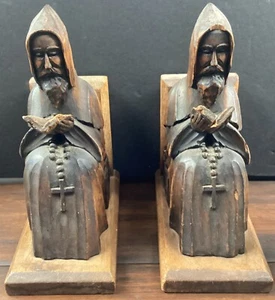 Monk Reading The Bible Wooden Hand Carved Bookends - Picture 1 of 13