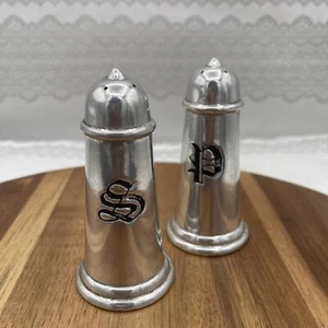 Vtg Pepper And Salt Shakers Polished Pewter Metal Shakers Black Letter Old Eng - Picture 1 of 11