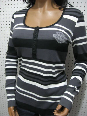 1W nwt Genuine Harley Davidson Women's Stripe Henley Long Sleeve Rib Shirt Top - Изображение 1 из 4