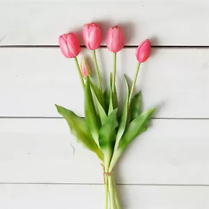 New Cottage Spring Artificial REAL FEEL PINK TULIPS Flower Bouquet Stems 16" - Picture 1 of 1