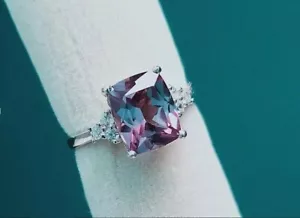 925 Sterling Silver Lab-Created Alexandrite Gemstone Cushion Shape Handmade Ring - Picture 1 of 3