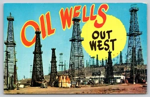 Cartolina Oil Wells Out West Oil Fields Geologia - Foto 1 di 2