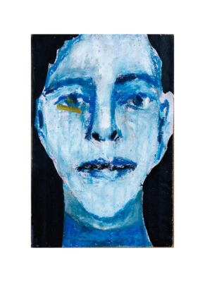 Arte forastero retrato dibujo hombre calvo azul arte ingenuo 4x6 pintura arte de pared Foto 1 de 4