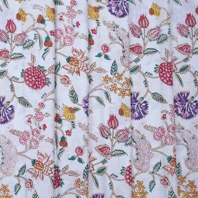Hand Block Floral Printed Indian Cotton Craft Sewing Running Loose Fabric 5 Yard - Image 1 of 3