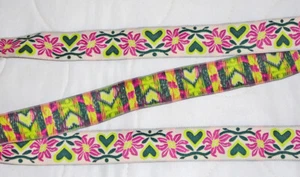 Vintage Embroidered Tapestry Trim Woven Ribbon Floral Heart Green Pink 1.25" 3yd - Picture 1 of 2