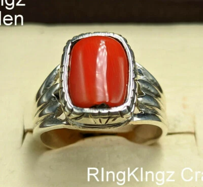 Anillo coral hecho a mano para hombre piedra de corte rectangular plata de ley 925  Foto 1 de 4