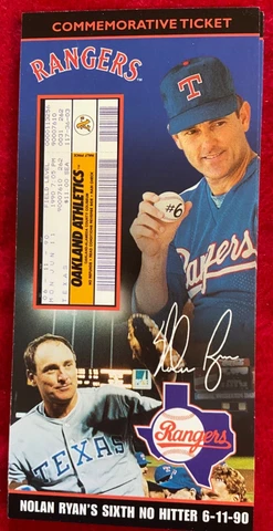 Nolan Ryan Commemorative Ticket 6th No Hitter, Numbered, Free Ship! Cover