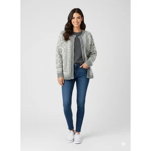 Cardigan maglione vintage norvegese Fair Isle maglia con bottoni grigio taglia L? Esterno - Foto 1 di 8