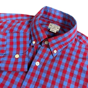 J. Crew Mens Medium Gingham Check Button Down Shirt Red Blue Long Sleeve Cotton - Picture 1 of 8