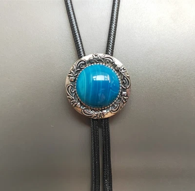 Синяя полоса агата мужской кожаный веревки Bolo галстук свадебное ожерелье Western ковбой - Изображение 1 из 4