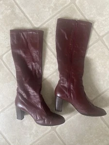 AS IS Vintage Retro 1960 1970s Burgundy GoGo Leather Heel Boots Joyce California - Bild 1 von 9