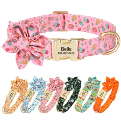 Floral Personalized Dog Collar with Cute Flower Girl Dog Name Tag Engraved S M L - Image 1 of 4