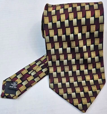 Corbata de seda Kilburne And Finch para hombre con diseño geométrico en oro borgoña y negro Foto 1 de 4