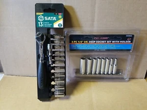 SATA 13-Piece 1/4 Inch Drive 6-Point SAE Socket Set with 60 Tooth Ratchet Head - Picture 1 of 5