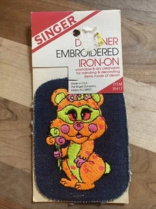 Vintage Singer Designer Embroidered Iron-On Denim Patch Neon Bear - Picture 1 of 7