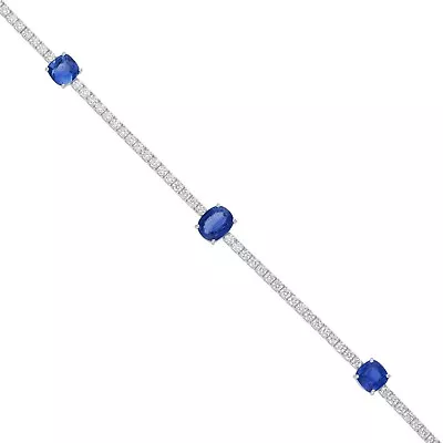 6.14 TCW Blauer Saphir Edelstein Armband mit Diamant Tennis Line 14k Weiss Gold - Bild 1 von 4