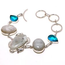Rainbow Moonstone,Blue Topaz Gemstone 925 Sterling Silver Jewelry Bracelet 7-8"