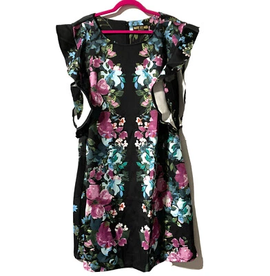 Marc Bouwer Scuba Dress Black floral knee Size 2X Ruffle Shoulder Sleeveless - Image 1 of 4
