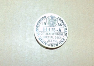 1936 New York State Citizen Resident Special Deer Hunting License Button - Picture 1 of 9