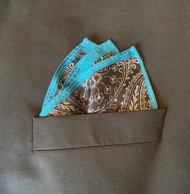 Para Hombres 100% Seda Bolsillo Cuadrado Borde Verde Azulado Negro Paisley 13.5" Boda Ropa Formal Foto 1 de 4