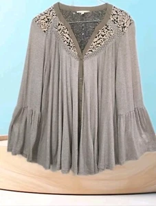 Mystree Sz Small Oversized Beige Crochet Button Down Tunic Top - Picture 1 of 12