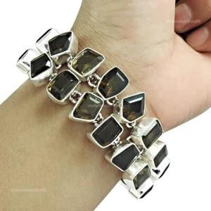 Solid Silver Cushion Smoky Quartz Stone Engagement Chain Bezel Bracelet Jewelry - Picture 1 of 6