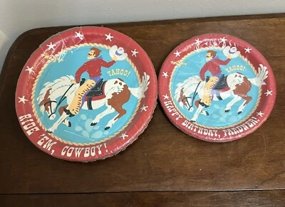 Vintage Hallmark Happy Birthday Pardner Ride Em Cowboy Horse Party Plates NOS - Image 1 of 4