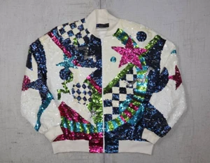 Vintage 80s IB Diffusion Full Sequin Bomber Jacket White Size Large - Picture 1 of 8